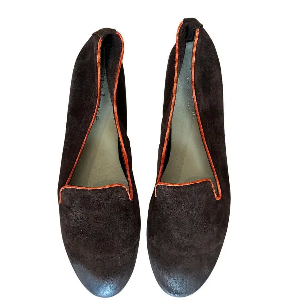Sundance Brown Smoking Flats Shoes Size 39 8.5  Suede Leather Orange Trim Preppy